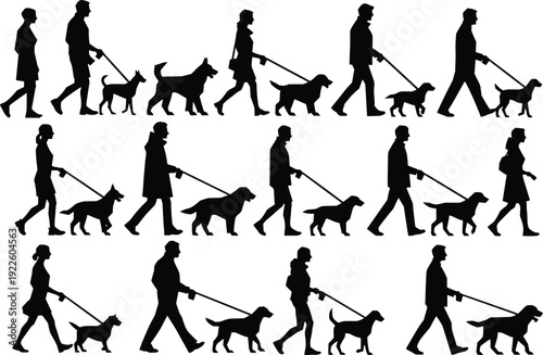 People walking dogs silhouettes collection, men and women with pets on leash, outdoor activity black vector illustration isolated on white background