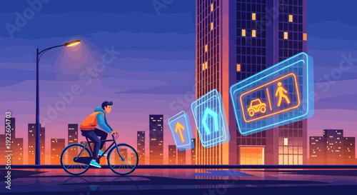 Man riding bicycle in city with futuristic holographic road signs.
