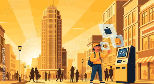 Man using augmented reality to interact with a smart kiosk.