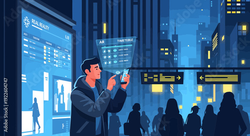 Man using smartphone in a futuristic urban setting.