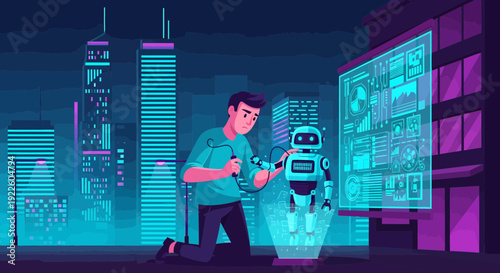 Man working on a small robot with futuristic interface.