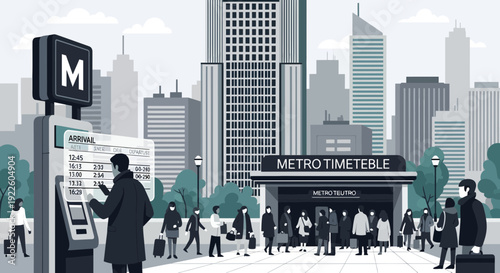 People waiting at a metro station with a timetable display.