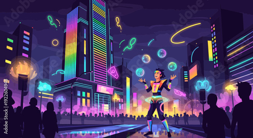 Performer in futuristic city with vibrant neon lights.