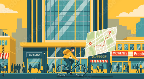 Person cycling with a map overlay in an urban setting.