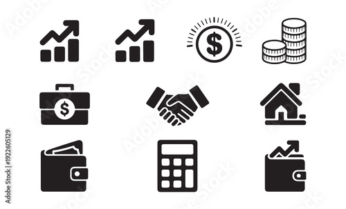 Set of black linear business and finance icons including bar charts coins handshake wallet house and calculator