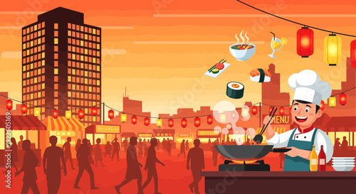 Smiling Chef Cooking Asian Cuisine at Outdoor Food Festival.