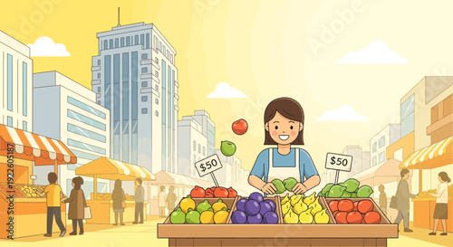 Smiling female vendor juggling apples at a vibrant fruit stand.