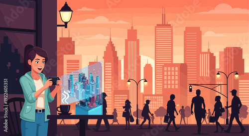 Woman Interacting with Holographic Display in Urban Cafe Setting.