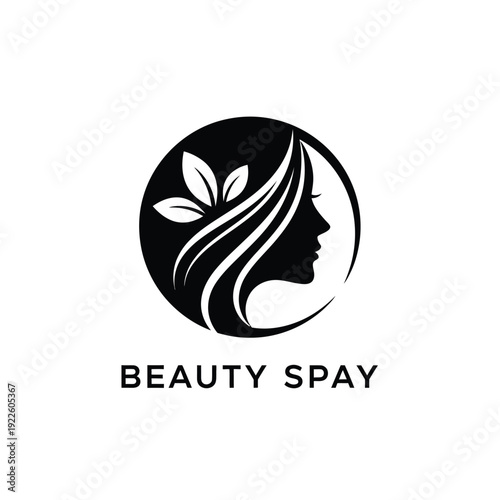 Vector illustration icon black and white logo of a womans face with flowing hair and a leaf, beauty spa concept