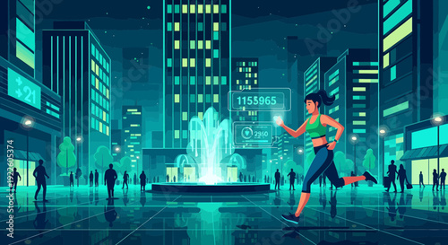 Woman running with glowing device in urban setting.