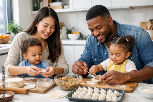 Multicultural parents with twin toddlers shaping dumplings at home kitchen. Bright daylight over white surfaces, contemporary city interior, everyday family creativity and joyful cooking routine.