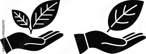 Hand holding leaf icon set for environmental care and sustainable growth concept. Hand gesture icons for environmental care. Nature conservation, and organic business branding.