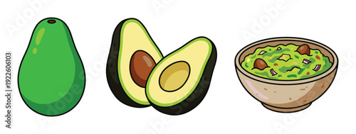 Avocado illustration with halved avocados and bowl of guacamole isolated on white background