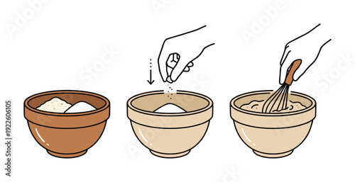 Baking process stages with flour, adding ingredients, and mixing in a bowl