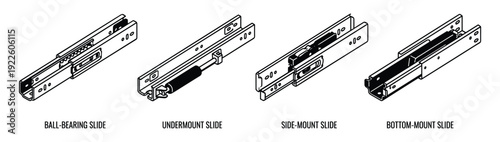 Ball-bearing, undermount, side-mount, bottom-mount slide mechanisms types illustrations