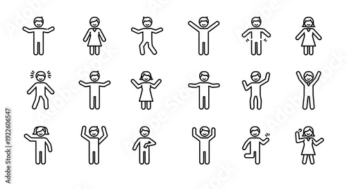 People Celebrating with Raised Arms in Simple Line Art