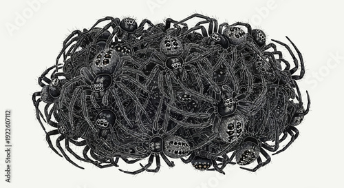A dense, tangled pile of numerous black toy spiders with long legs on a plain white background.