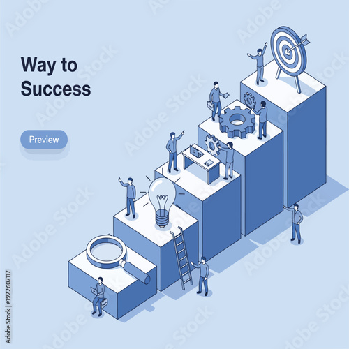 Isometric 3d illustration of a business people team analyzing a technology network graph within an urban office building cityscape