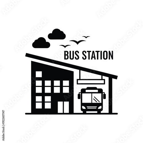 Vector illustration icon simple black and white bus station graphic with bus and clouds