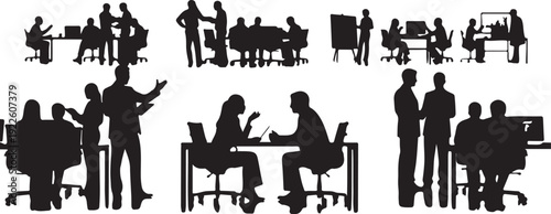 Businessman silhouette set showing walking men with luggage and smartphones, professional travel and work concept collection isolated on white background illustration