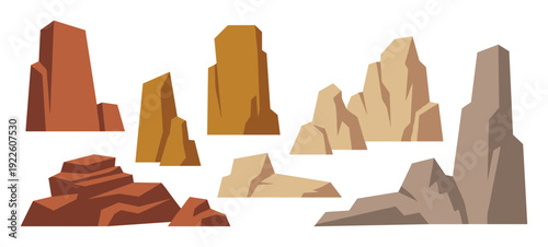 Cartoon desert rocks formations vector illustration, flat canyon stones set design elements, landscape