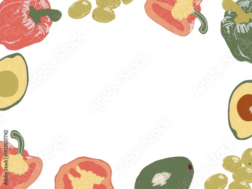 Hand Drawn Vegetables Frame Border – Avocado, Pepper and Greens Food Illustration Background