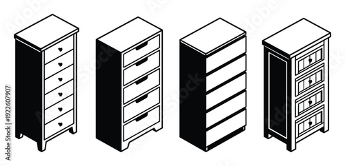 Chest of drawers isometric illustration, black and white furniture