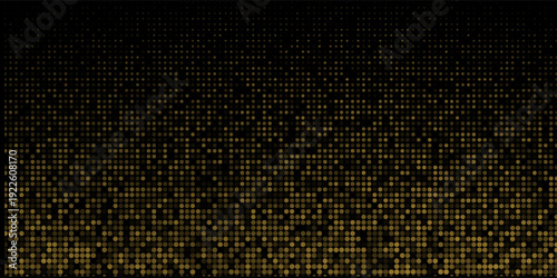 Abstract luxury banner with golden glittering dots on black background. Sparkling glitter bottom border, vector frame. Halftone effect. Magical gold dust. Pop art style backdrop.