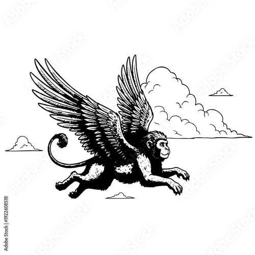 Intricate hand drawn illustration of a mythical griffin with wings flying through clouds for fantasy storybook art heraldic coat of arms design and legendary creature mythology concept artwork.