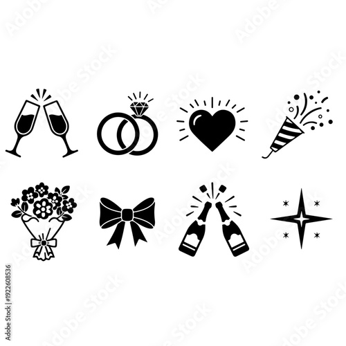 Elegant celebration icons featuring champagne glasses wedding rings hearts and party poppers for marriage ceremony anniversary events romantic dates and festive holiday greeting card decorations.