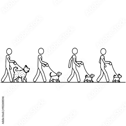 Human silhouette set walking various breeds of dogs on leashes for pet care services animal training promotion veterinary clinic branding and healthy outdoor activities for pet owners illustration.