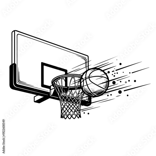 Dynamic vector drawing of a basketball flying into the net hoop with motion lines for sports competition tournament flyers athletic training programs and basketball game championship promotion art.
