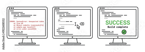 Code compiling process showing error and success on monitors