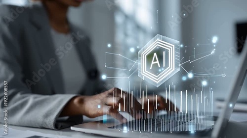 A professional working on a laptop, with digital AI graphics overlay. The image represents innovation, coding, and the future of technology in a modern workspace.