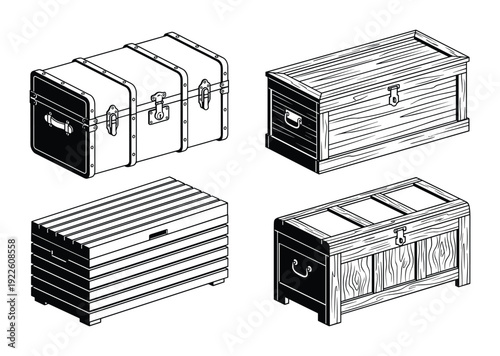 Collection of antique treasure chests line art. Assorted wooden trunks, containers vector illustration.