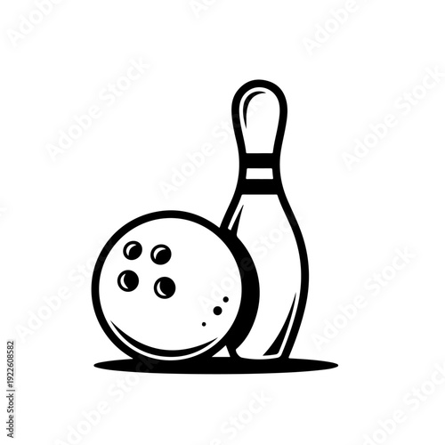 Dynamic black and white vector illustration of a bowling ball next to a bowling pin for sports center branding leisure activity promotion tournament flyers and indoor game club graphic design.