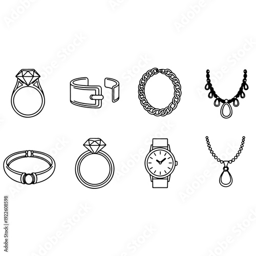 Professional vector icon set featuring luxury diamond rings gold bracelets necklaces and wristwatches for high end jewelry store branding fashion accessories catalog and elegant gift shop design.
