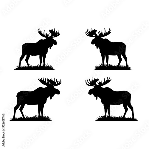 Wild moose deer silhouettes standing on grass vector illustration set for nature wildlife conservation forest animal hunting labels camping outdoor adventure and wilderness environment theme art.