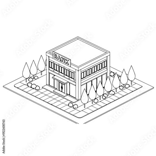 Professional isometric architectural vector drawing of a modern office school or corporate building with trees and sidewalk for real estate property development and urban city planning projects.