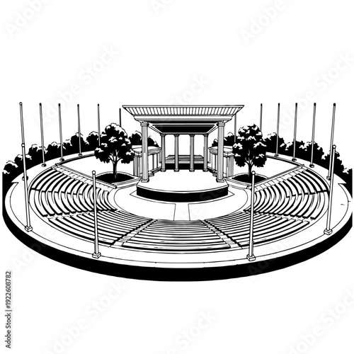 Detailed architectural drawing of an open air amphitheater or stadium with seating rows stage columns and surrounding trees for outdoor performance events theater shows and urban landscape design.
