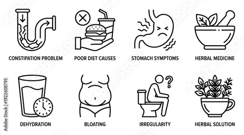 Set of constipation icons with digestive system problems and herbal medicine solutions on white background