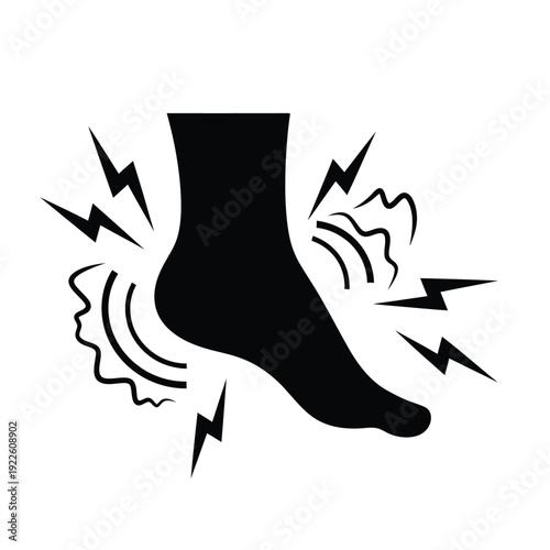 Vector illustration icon black silhouette of a foot with pain indicated by lightning bolts around the ankle