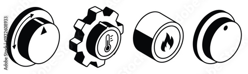 Control knobs set, temperature, flame, and turn settings, isometric view