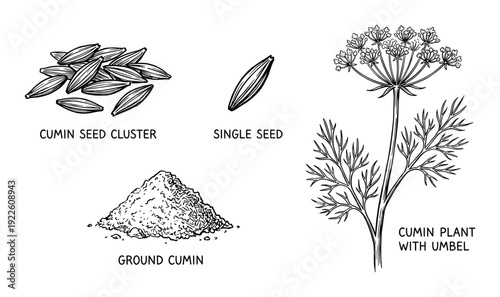 Cumin plant vector illustration: seed cluster, single seed, ground cumin, cumin plant with umbel
