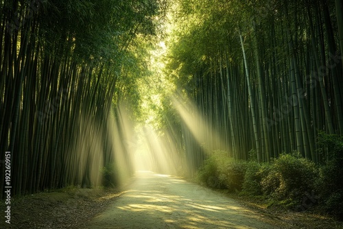 Light filters through bamboo trees on a serene forest path during the early morning