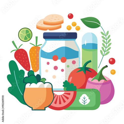 Healthy food assortment including fruits vegetables and probiotic supplements