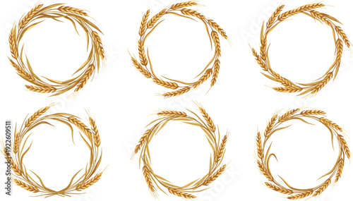Golden wheat wreath vector set. Rustic grain laurel circle frames collection. Agriculture logo elements for organic branding, bakery packaging and farm design.