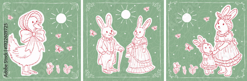 Hand-drawn Easter card set featuring charming bunnies dressed in vintage clothing, a duckling with a bonnet for Easter greetings, stationery, prints, and seasonal decor.