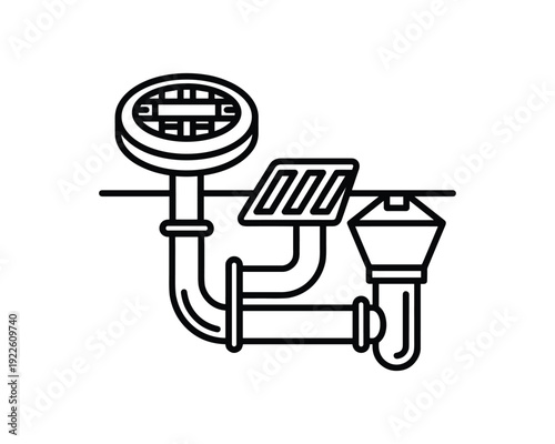 Drainage system outline illustration, plumbing pipe system diagram with drain and trap