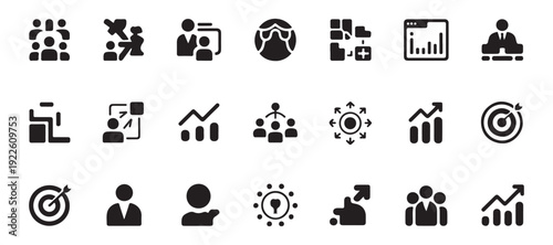 Business growth analysis and strategic target achievement icons for financial reporting and planning systems
